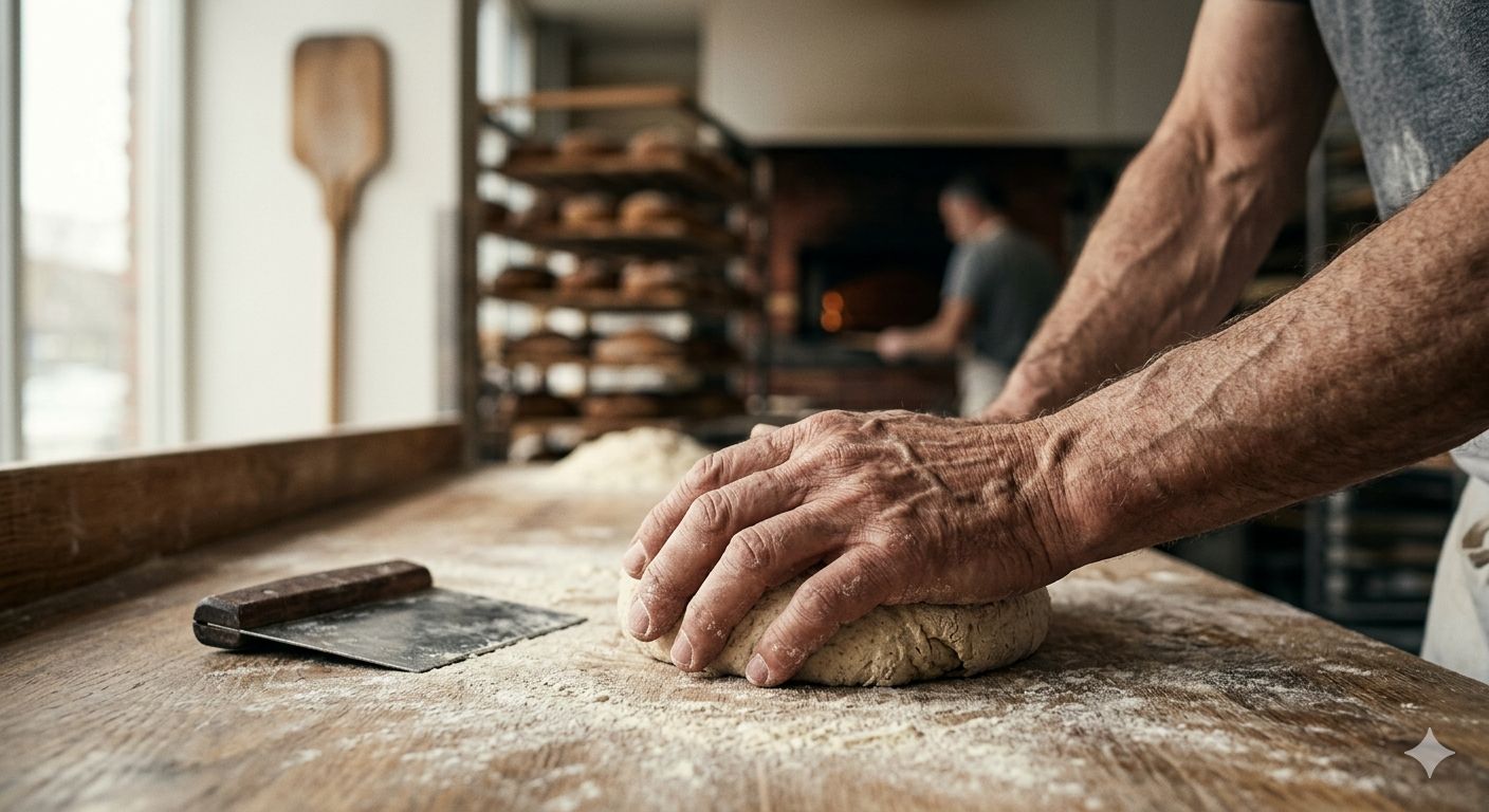 Close-up of hands kneading dough on a floured wooden workbench in a bakery, with bread racks and an oven in the background.