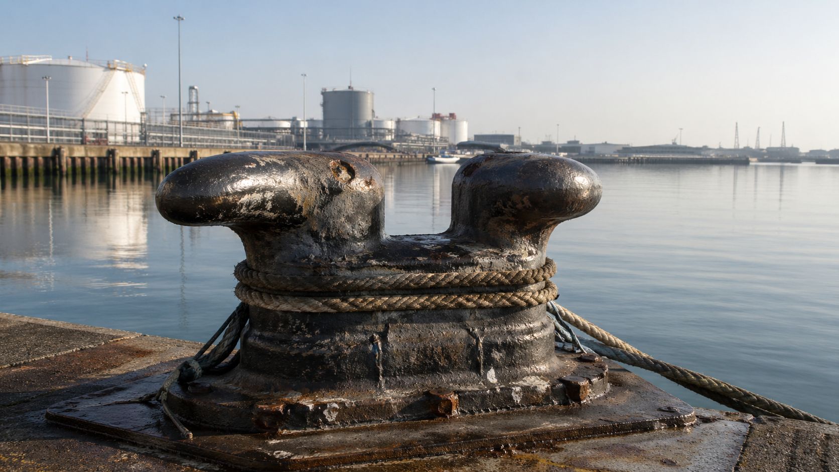 A worn mooring bollard tied with rope beside calm industrial harbor water and storage tanks.