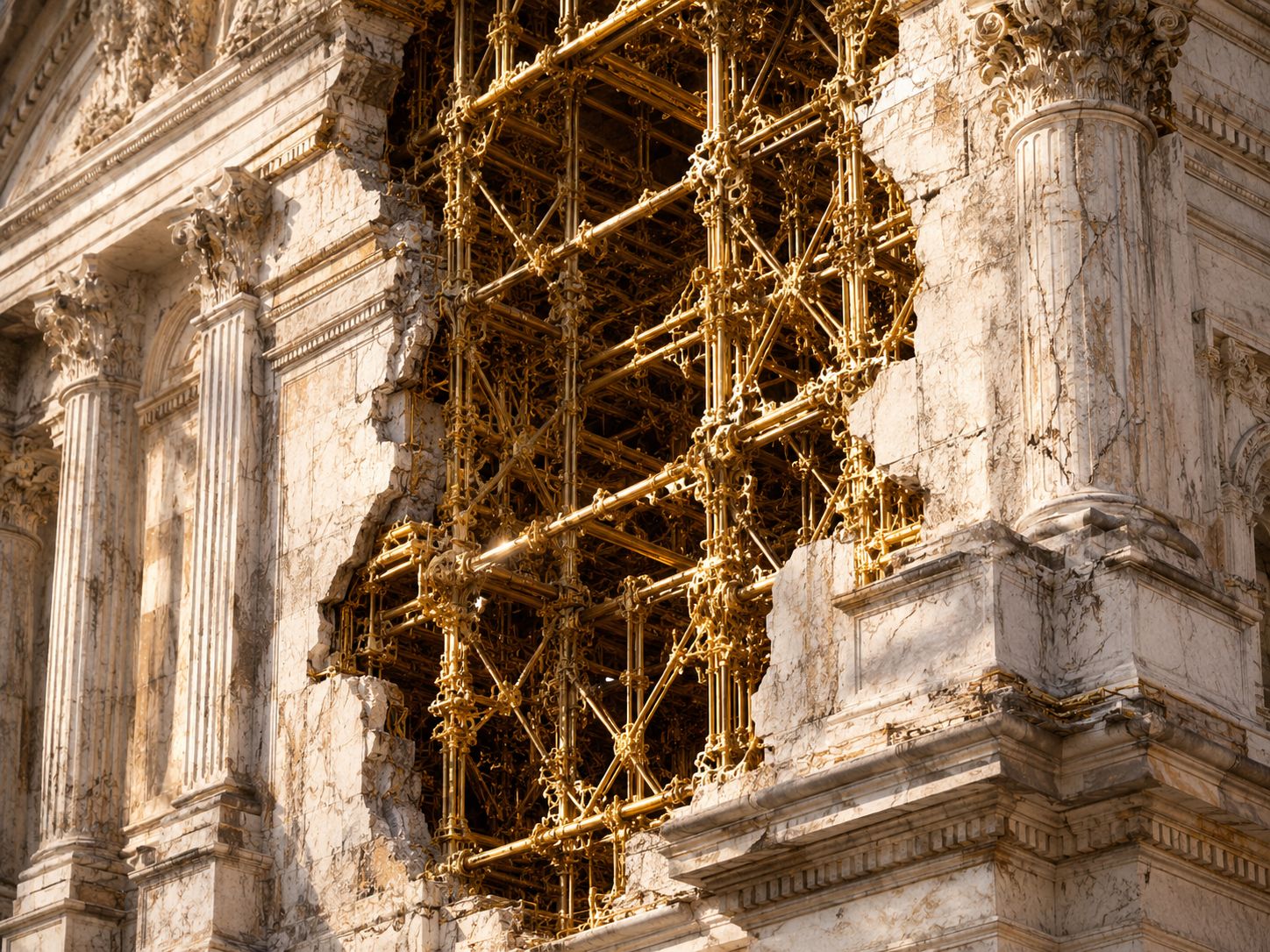 An ornate damaged stone building facade reinforced by a dense golden structural scaffold.