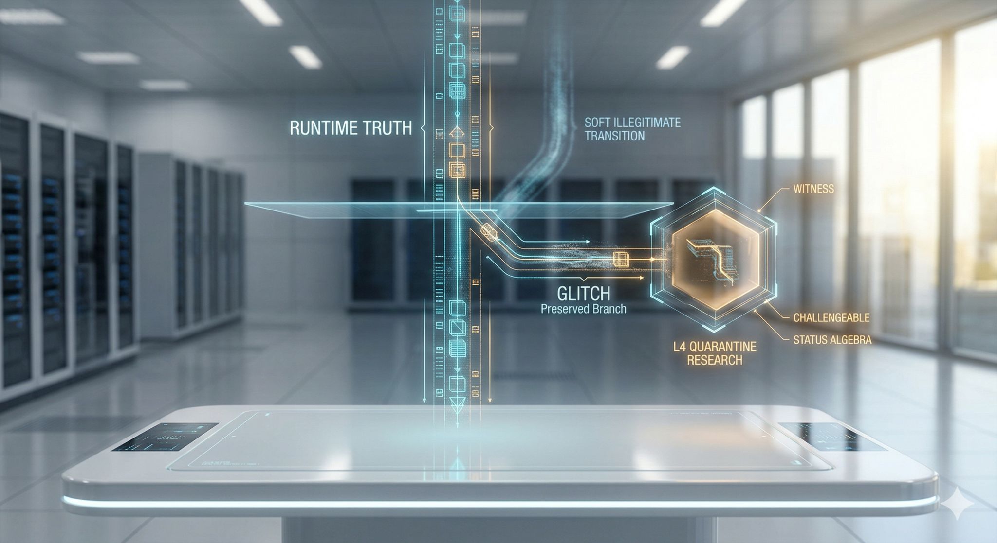 A translucent systems diagram in a server room labeled runtime truth, soft illegitimate transition, glitch preserved branch, L4 quarantine research, witness, challengeable, and status algebra.