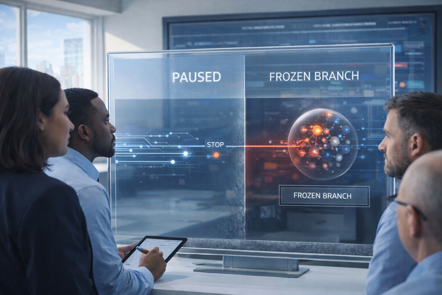A group viewing a transparent display labeled Paused and Frozen Branch with a stop point between an active path and a frozen branch.