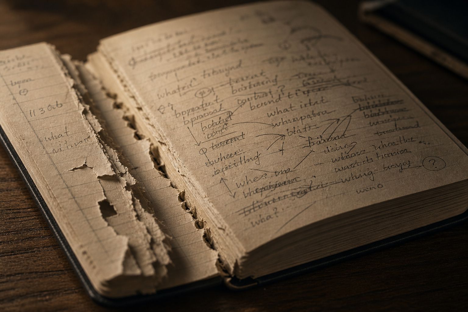 An open worn notebook with torn pages and handwritten notes connected by arrows.