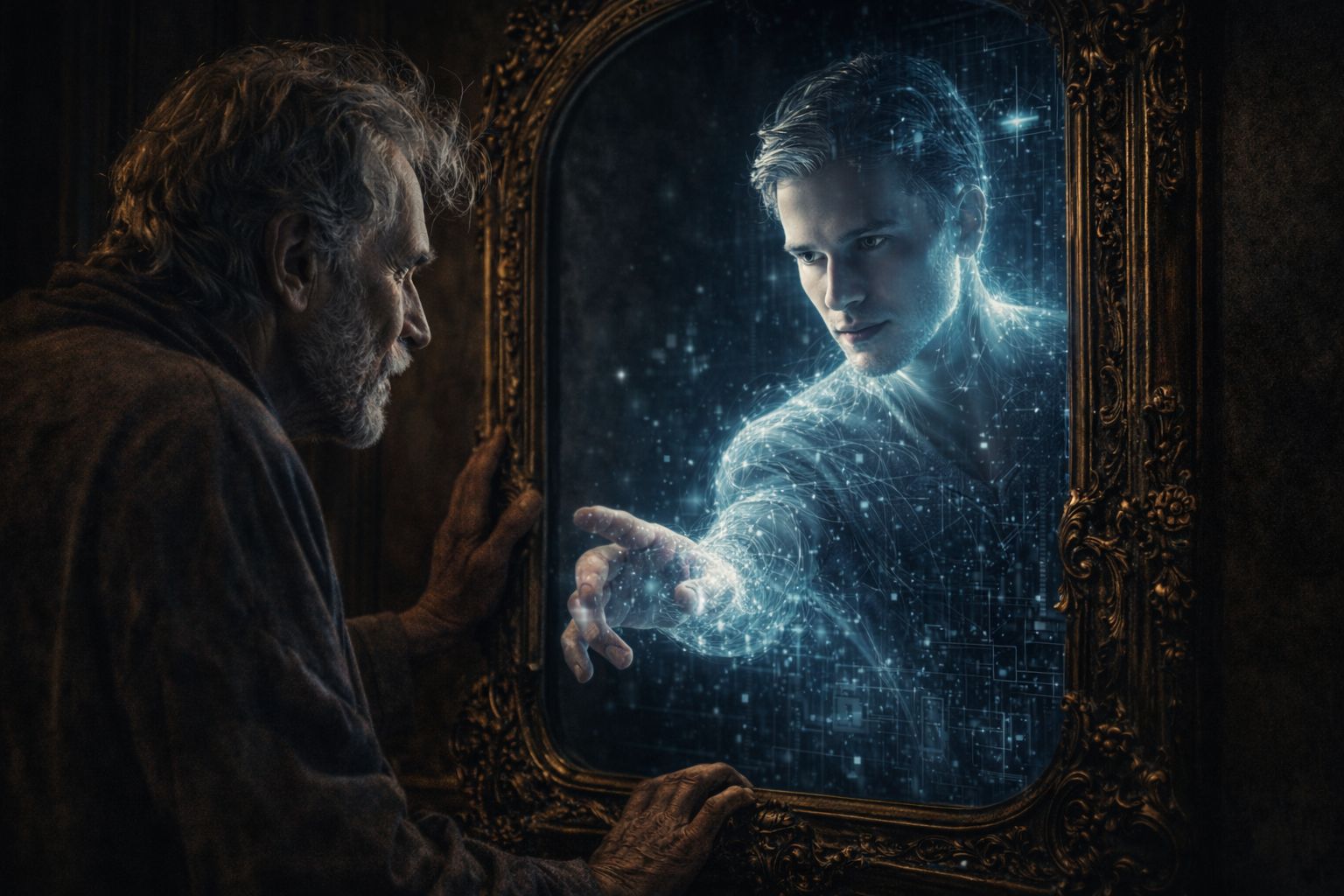 An older man facing an ornate mirror where a luminous younger digital figure reaches out from the reflection.