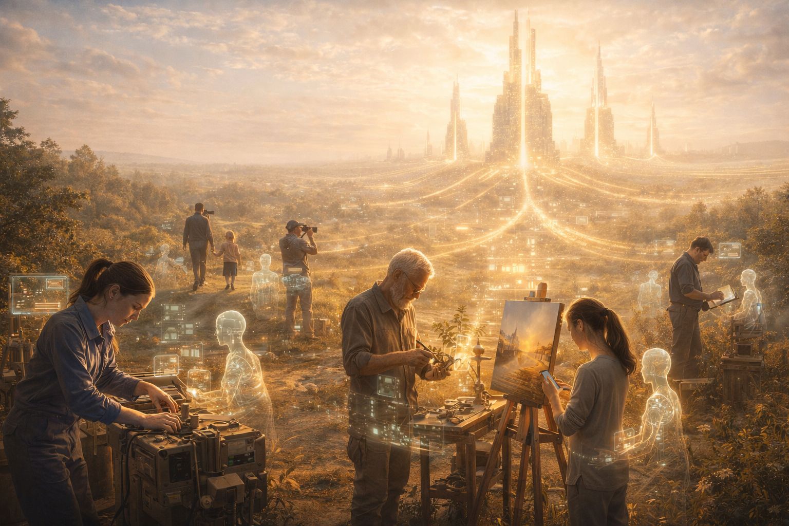 People and translucent human-shaped figures working across a glowing landscape that leads toward a bright futuristic city.
