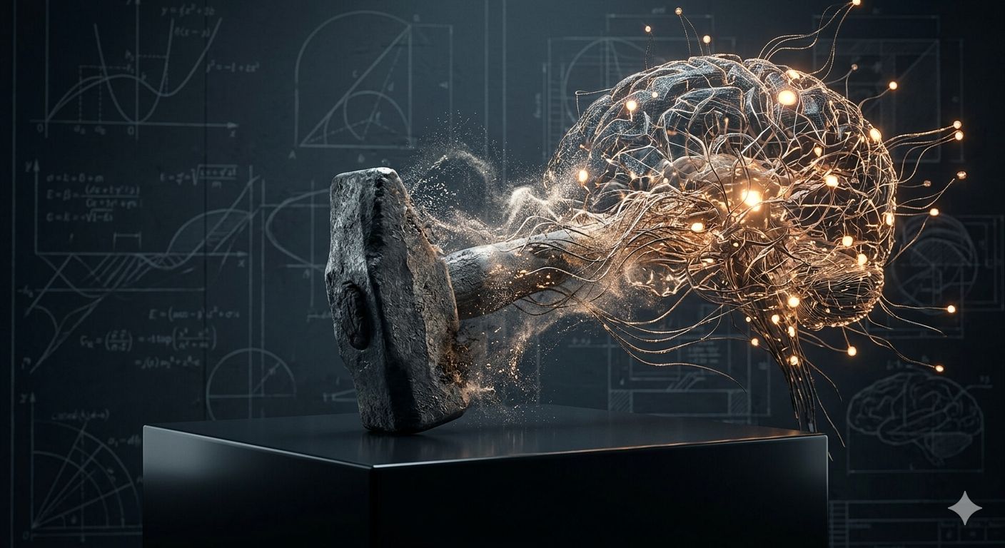 A stone hammer on a pedestal dissolving into a glowing wired brain against a dark background with geometry sketches.