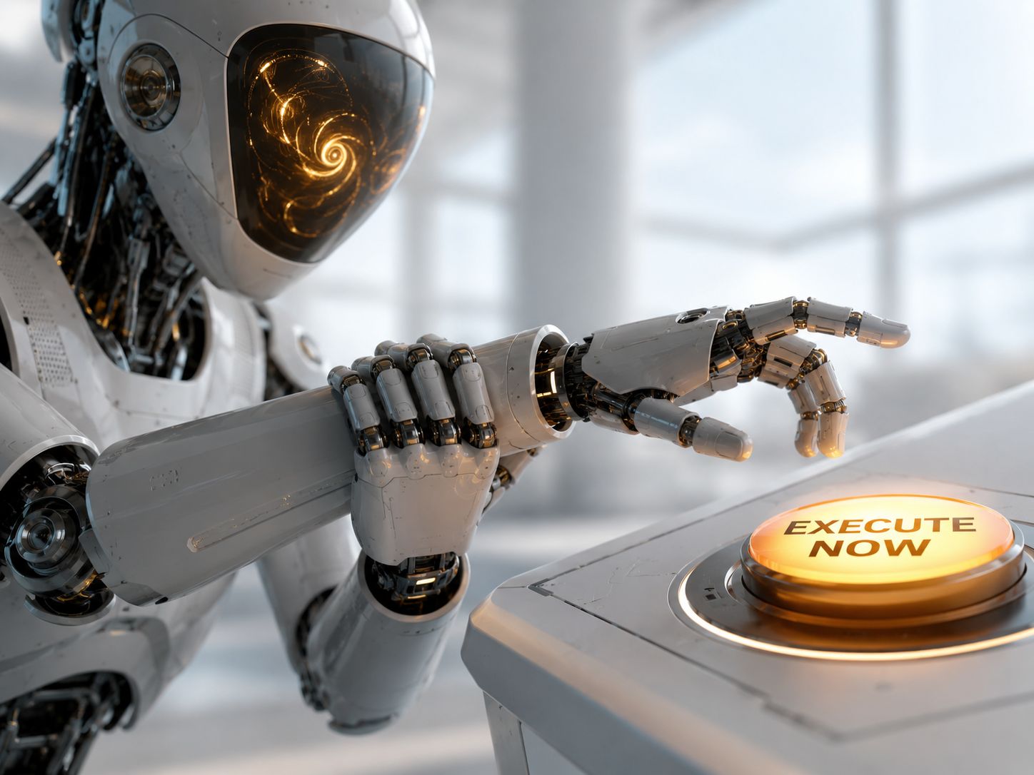 White humanoid robot reaching toward a glowing button labeled Execute Now.