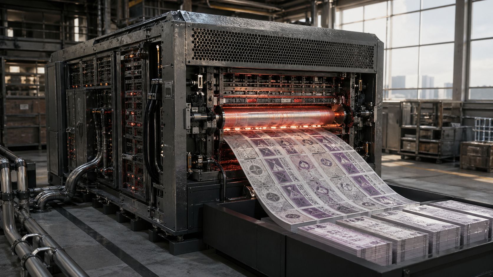 A large industrial machine printing sheets of symbolic currency inside a workshop.