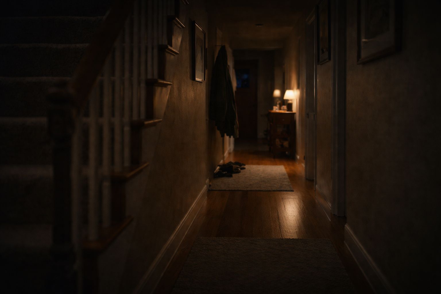 A dimly lit home hallway with a staircase, framed pictures, coats, and a small lamp in the distance.