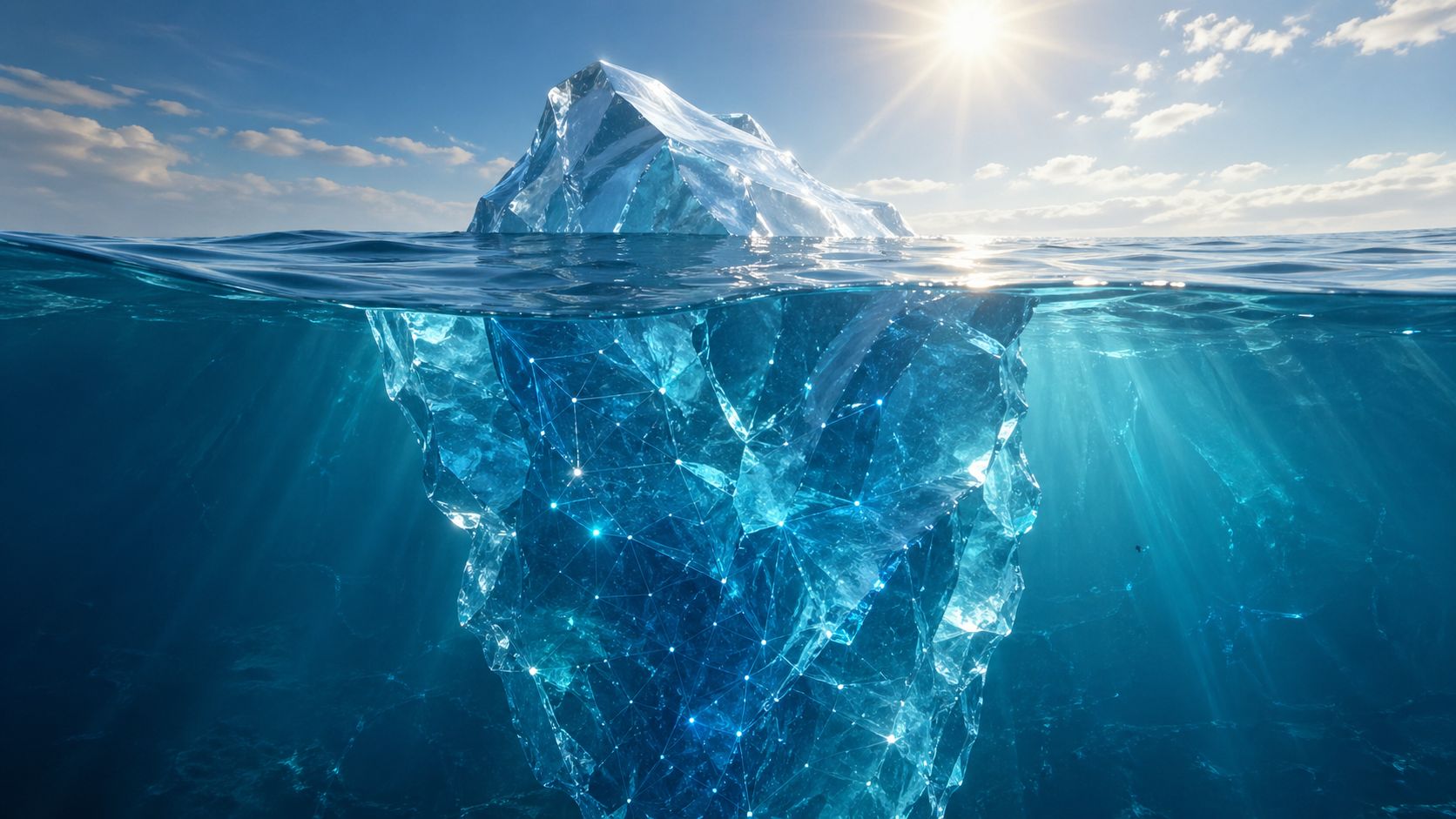 A bright iceberg above and below the ocean surface with glowing network lines inside the submerged ice.