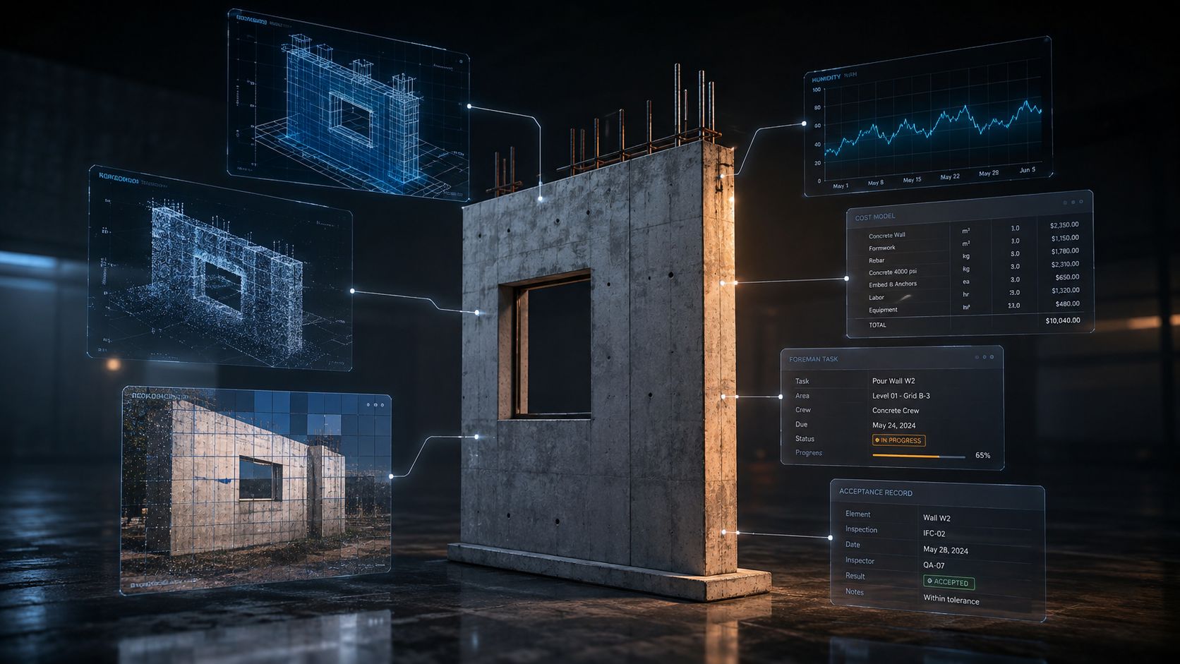 Construction wall surrounded by linked BIM, point-cloud, camera, humidity, cost, task, and acceptance-record views.
