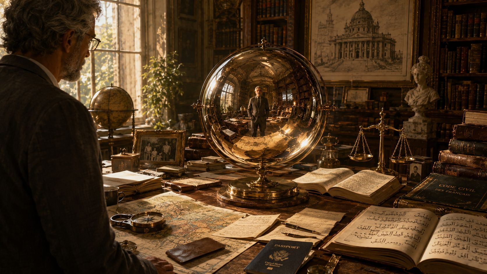 Person in a library facing a mirrored globe among books, maps, scales, and a passport.