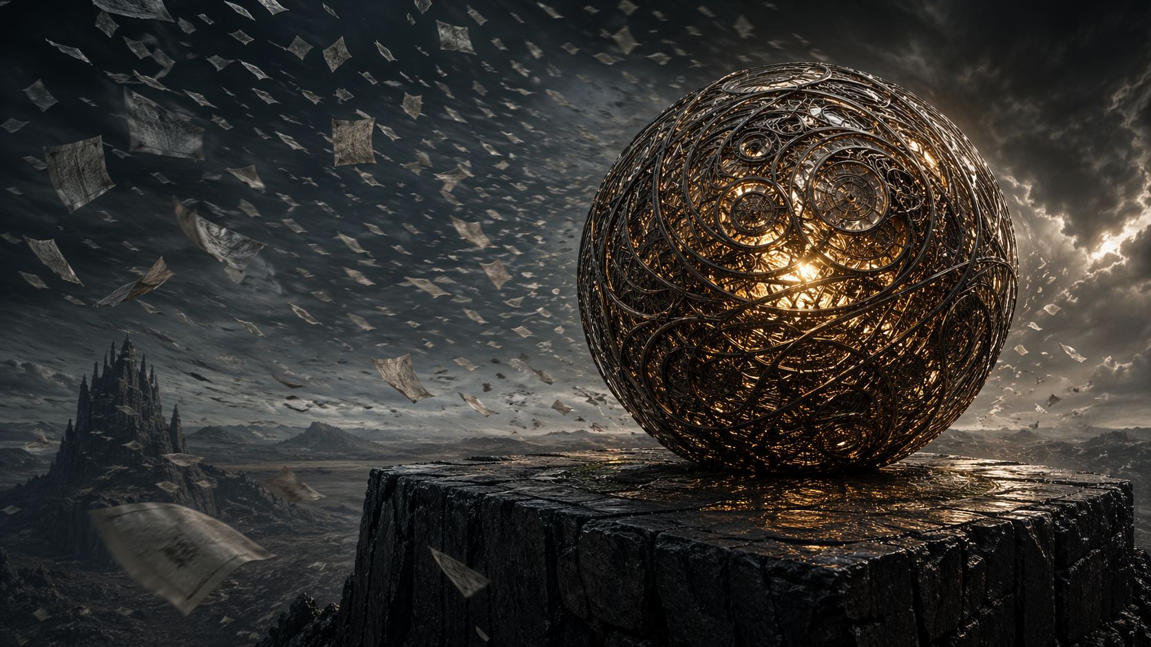 A glowing mechanical sphere on a stone platform while loose papers fly through a stormy landscape.