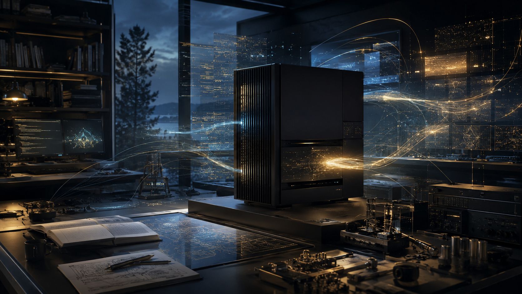 Large black local computing tower in a lab with glowing data streams, monitors, notebooks, and hardware modules.