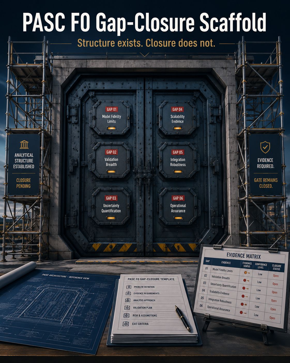 Poster-style PASC F0 Gap-Closure Scaffold graphic showing a closed reinforced gate, surrounding scaffolding, six labeled evidence gaps, and an evidence matrix.