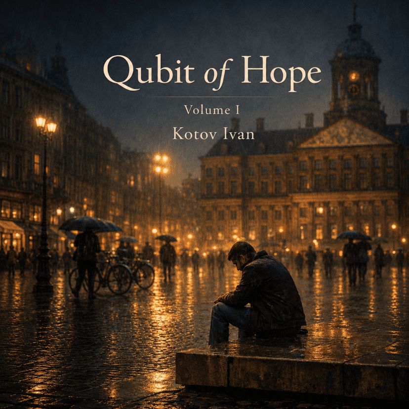 Qubit of Hope Volume I audiobook cover showing a rainy city square at night.