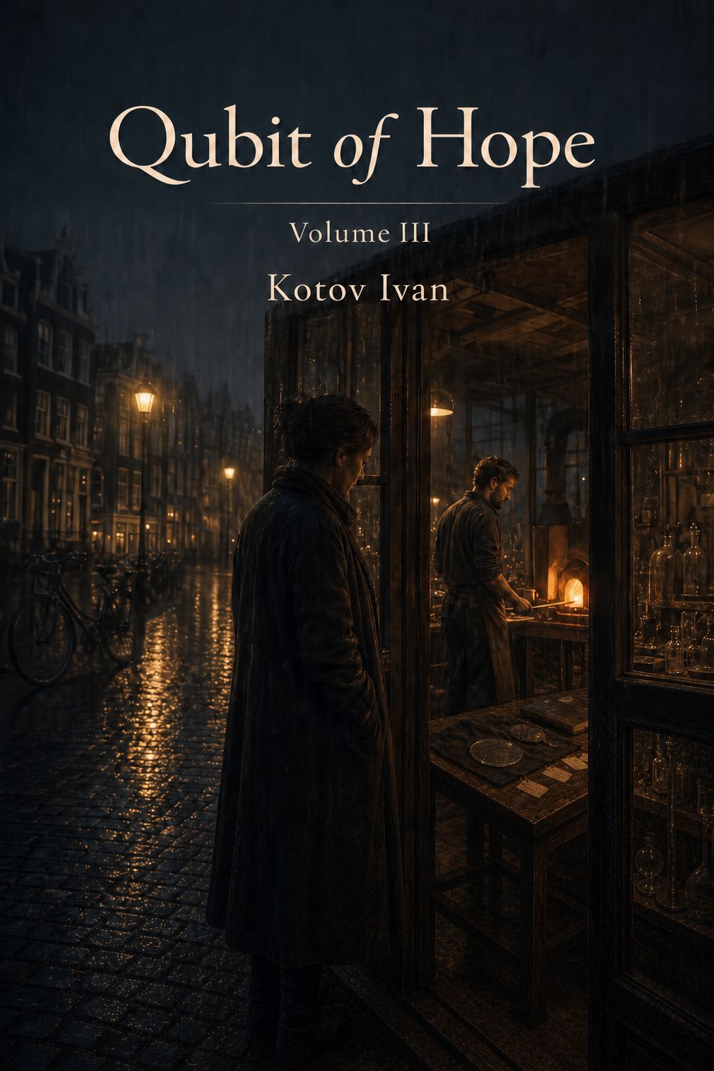 A Qubit of Hope Volume III book cover showing a rainy street and a glass workshop at night.