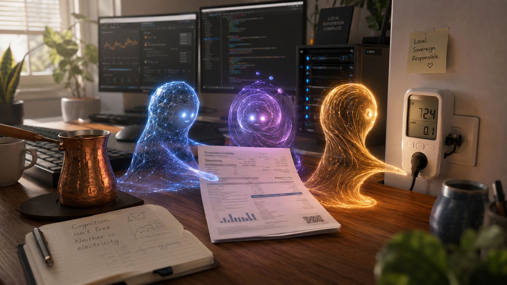 Local AI workstation with monitors, server hardware, an electricity bill, and glowing digital entities.