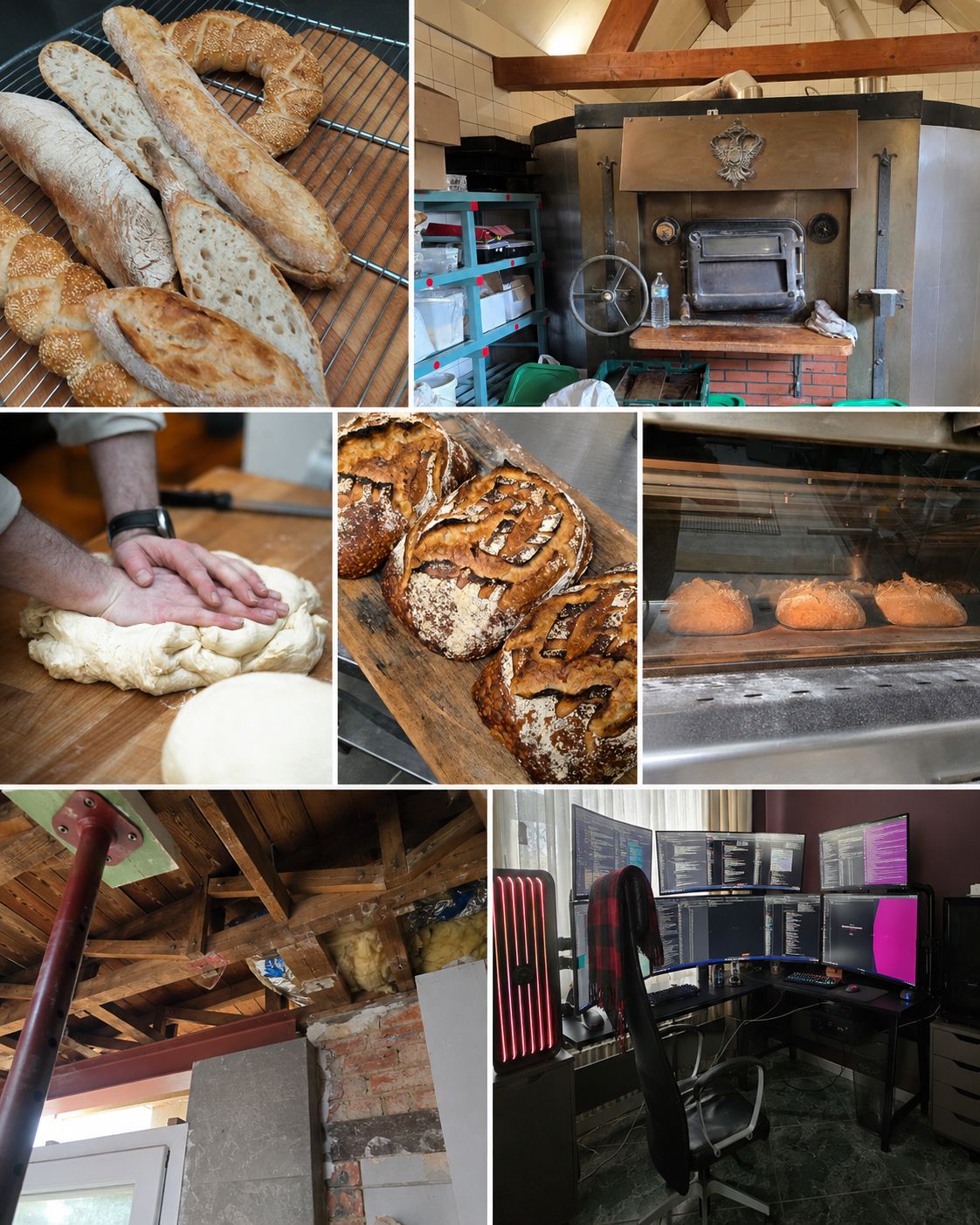 Collage of bread, a bakery oven, dough kneading, construction work, and a multi-monitor coding workstation.