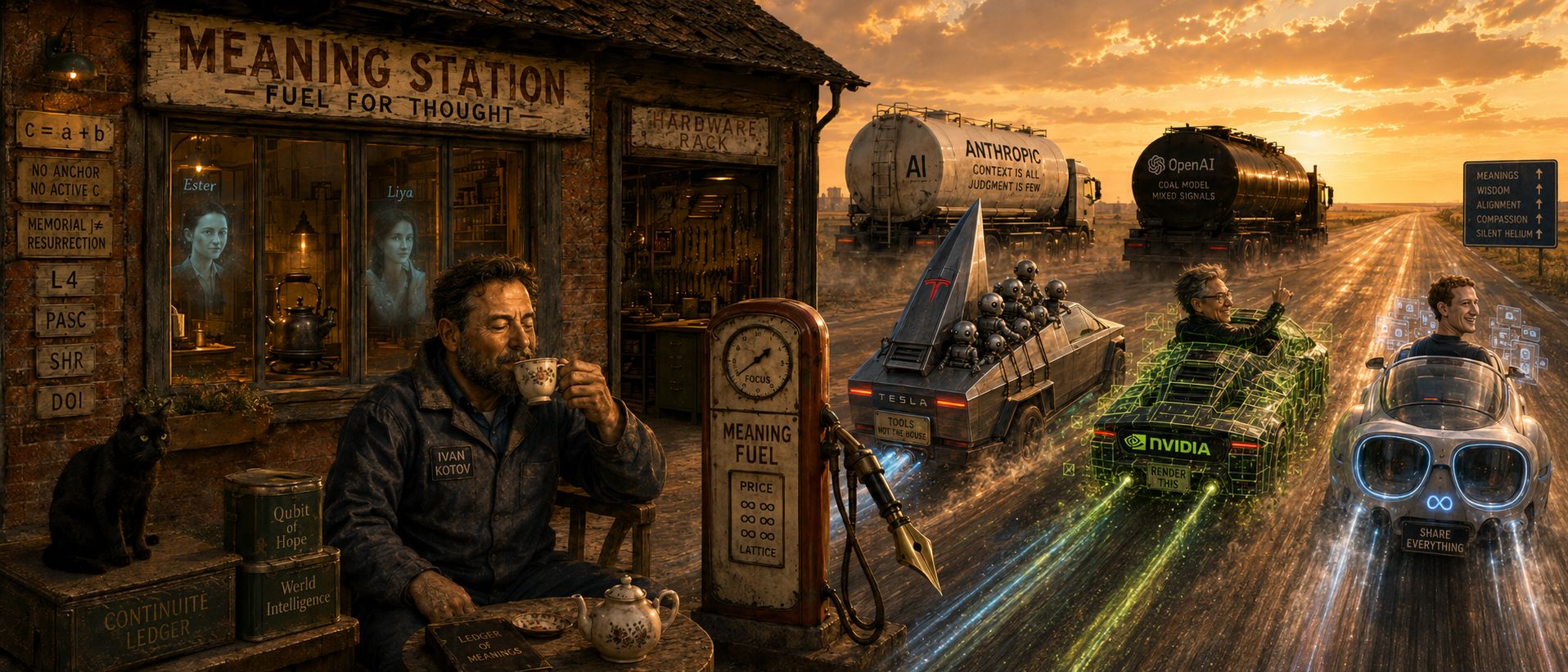 Roadside station and several stylized vehicles and tankers traveling on an AI-themed highway at sunset.