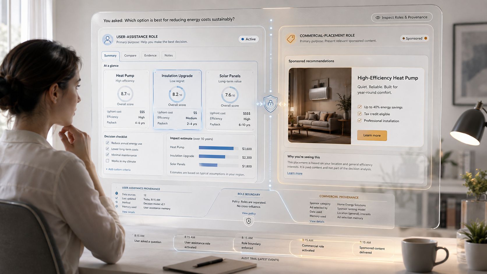 Person viewing a split interface for user assistance and sponsored commercial placement with role provenance controls.