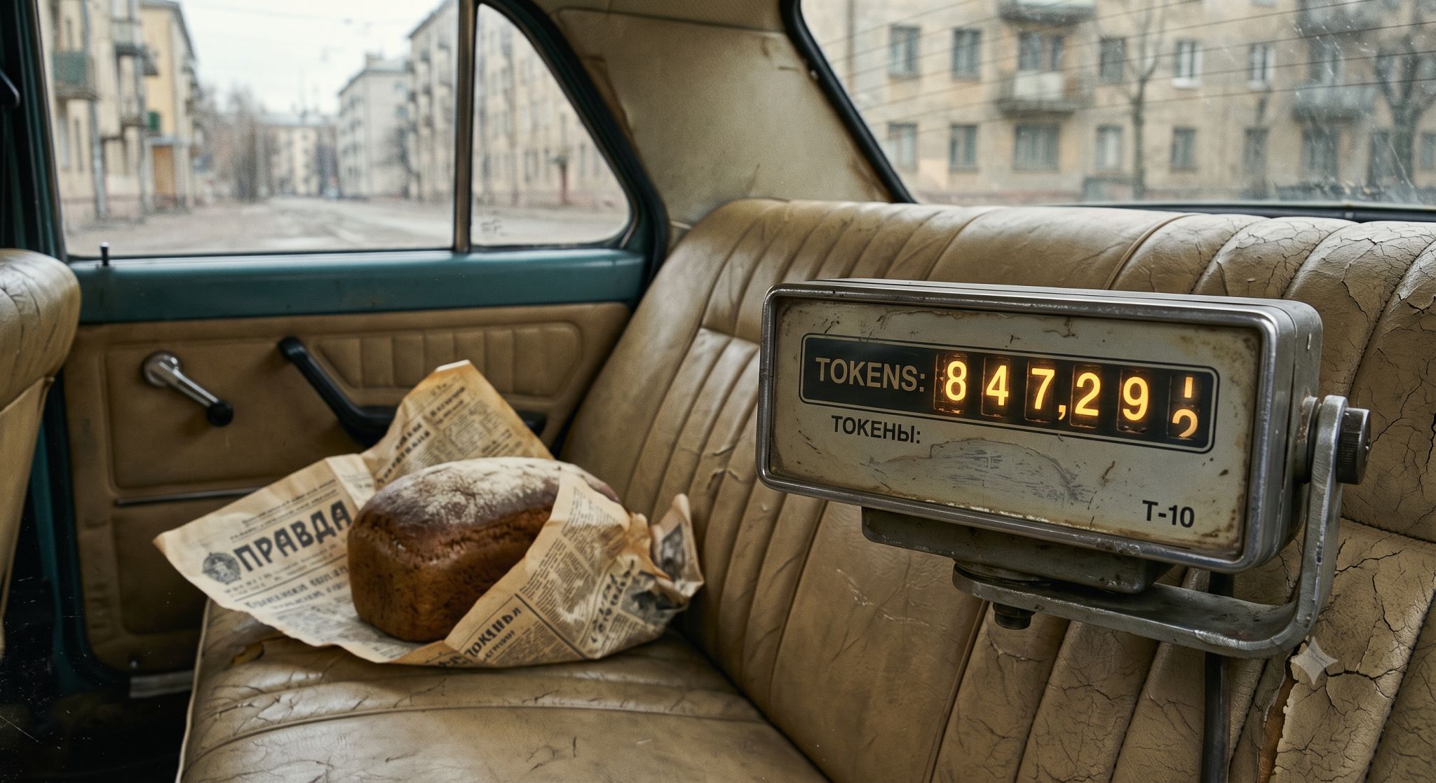 Old car back seat with a loaf of bread wrapped in newspaper beside a taxi-style token meter.
