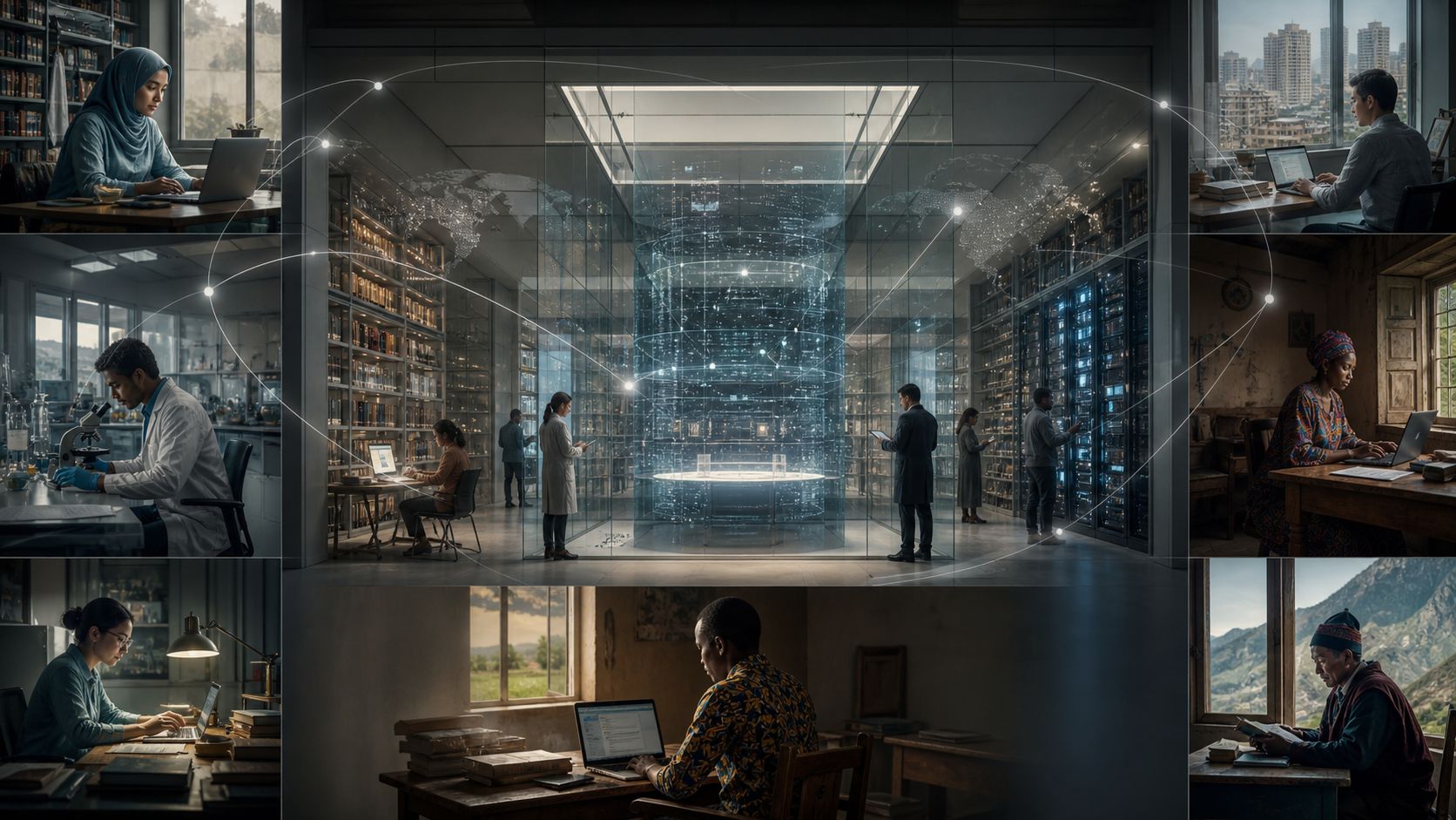 A networked knowledge archive linking researchers, libraries, laboratories, and independent contributors around a central data structure.