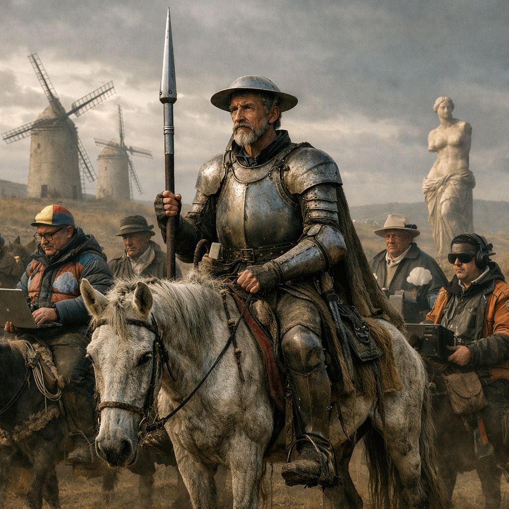 Don Quixote-like armored rider on a white horse with windmills in the background and a classical statue behind him.