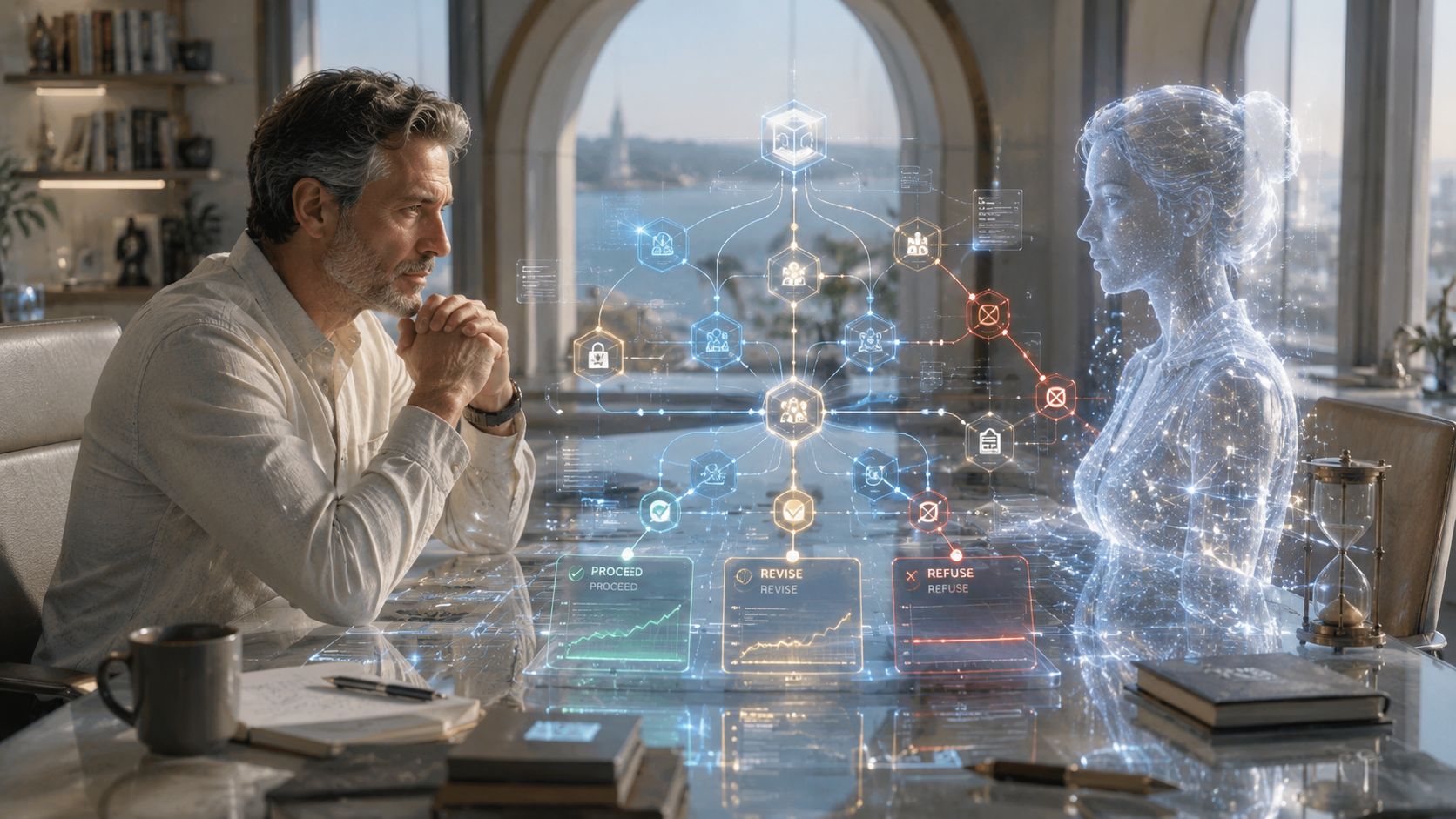 Person facing a translucent humanoid figure across a table, with a branching decision diagram and panels labeled Proceed, Revise, and Refuse.
