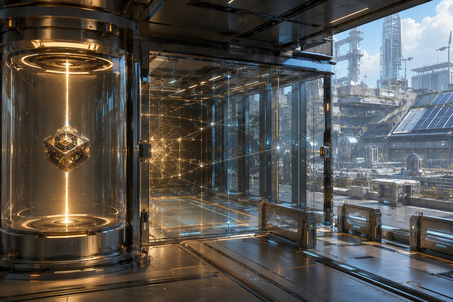 Glowing suspended geometric cube inside a futuristic facility overlooking an industrial city.