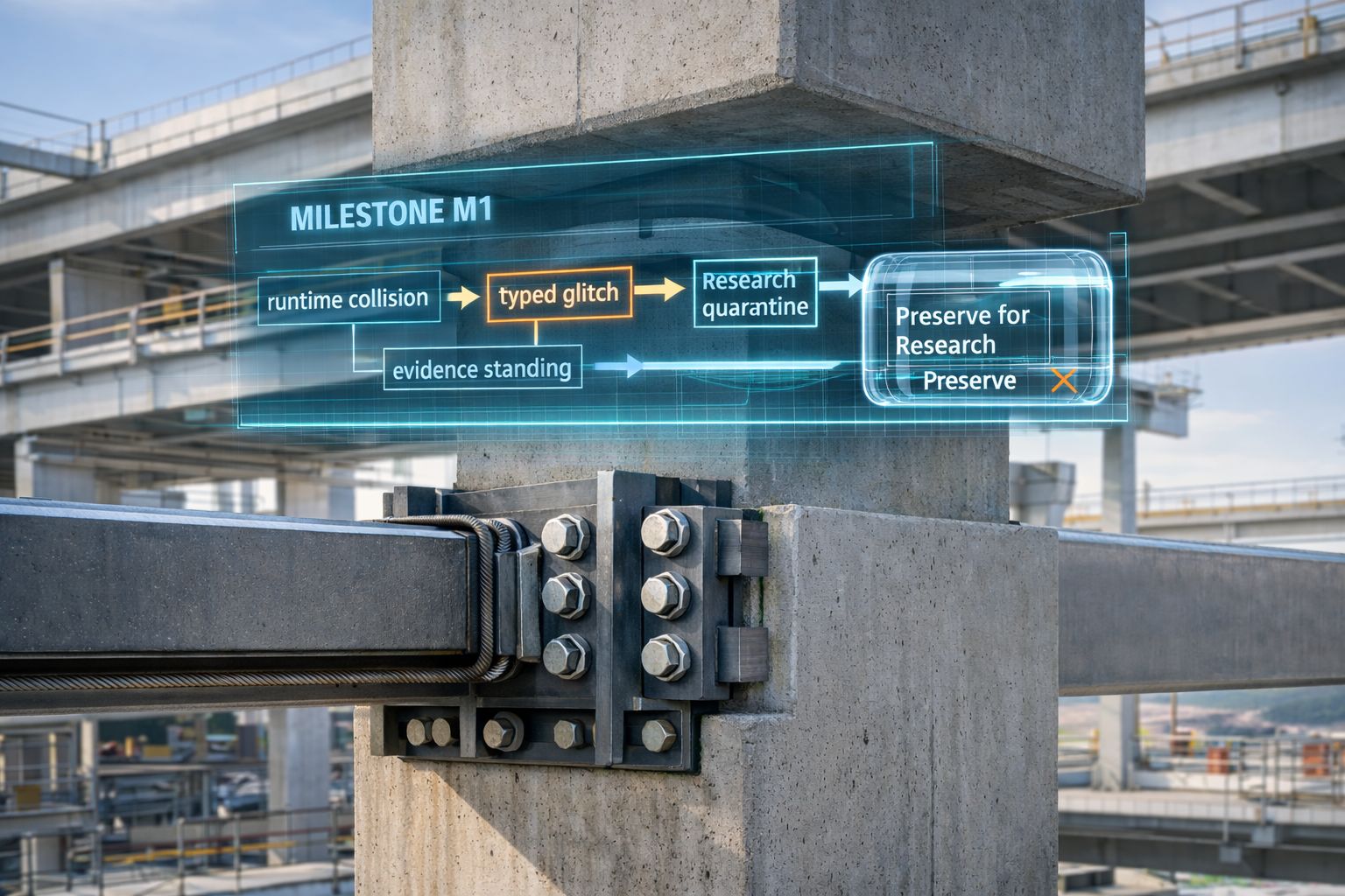 A concrete beam junction with an overlaid Milestone M1 flow showing runtime collision, typed glitch, research quarantine, and evidence standing.