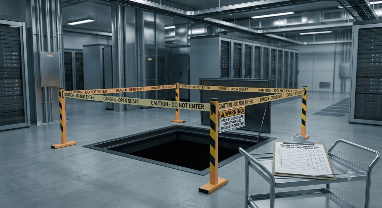 A guarded open shaft in a server facility is surrounded by barriers, warnings, and an inspection checklist.