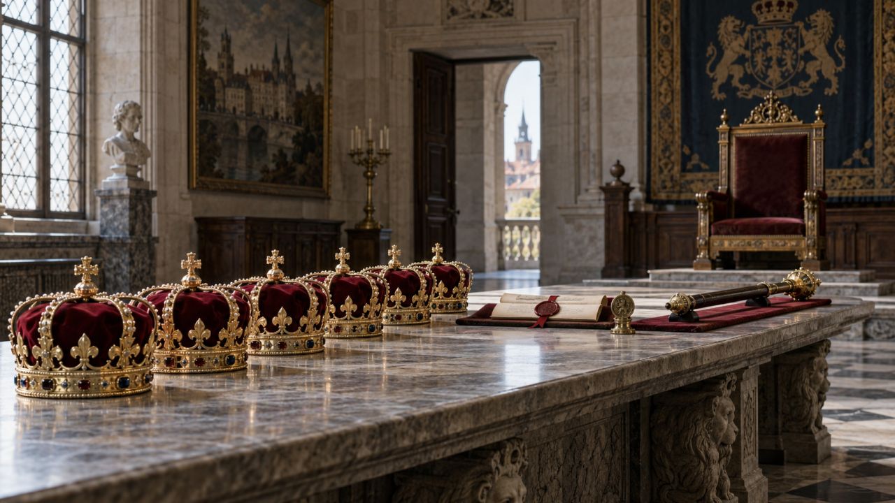 A row of crowns, a sealed ledger, and a scepter arranged in a ceremonial hall.