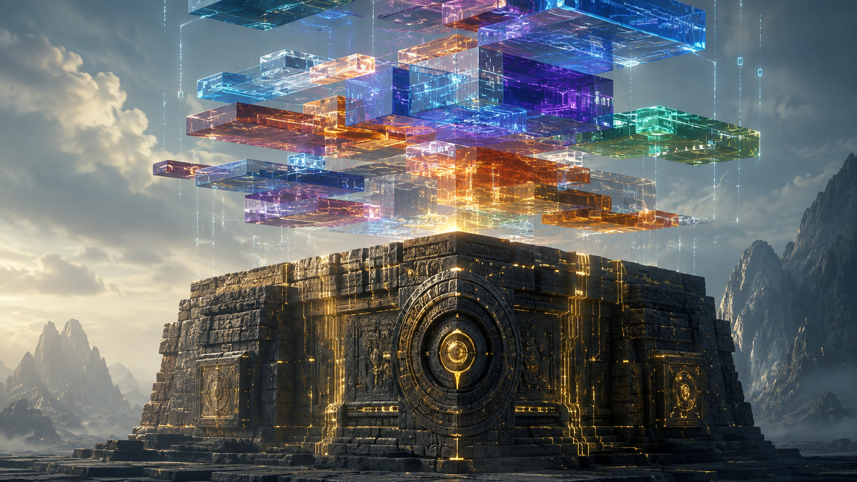 Multicolored translucent blocks floating above a dark carved stone structure in a mountainous landscape.