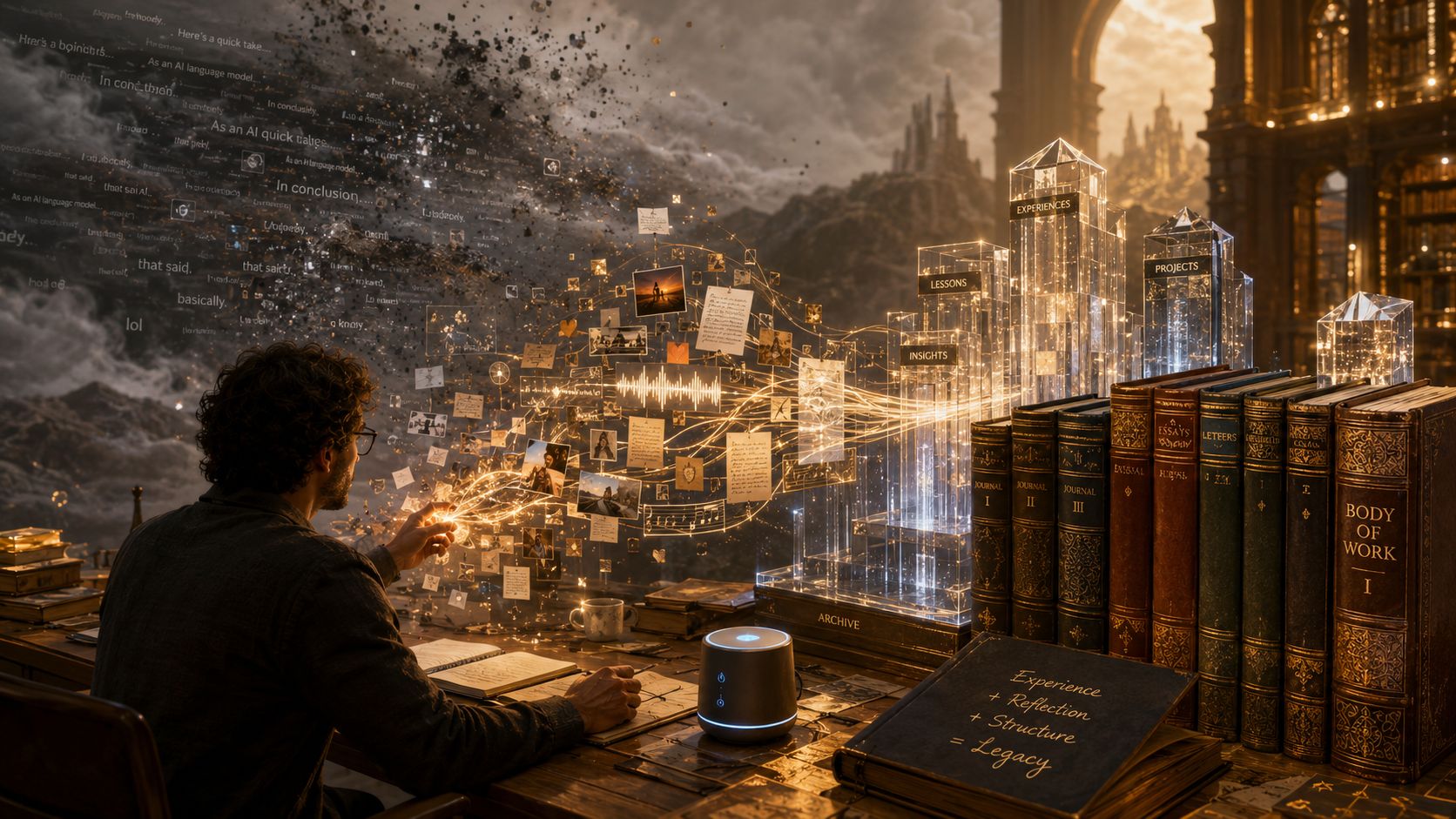Person at a desk organizing memories into glowing archive towers beside books and a local AI device.