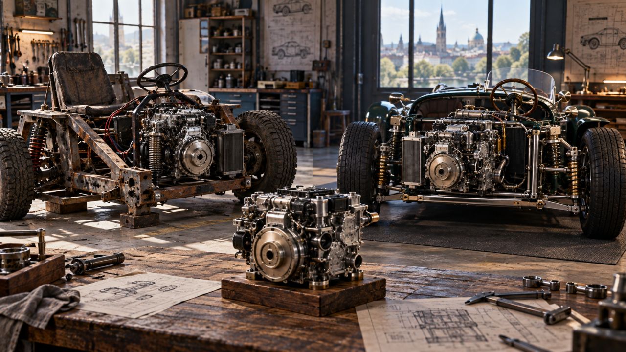 Multiple vehicle frames and engines arranged in an engineering workshop.