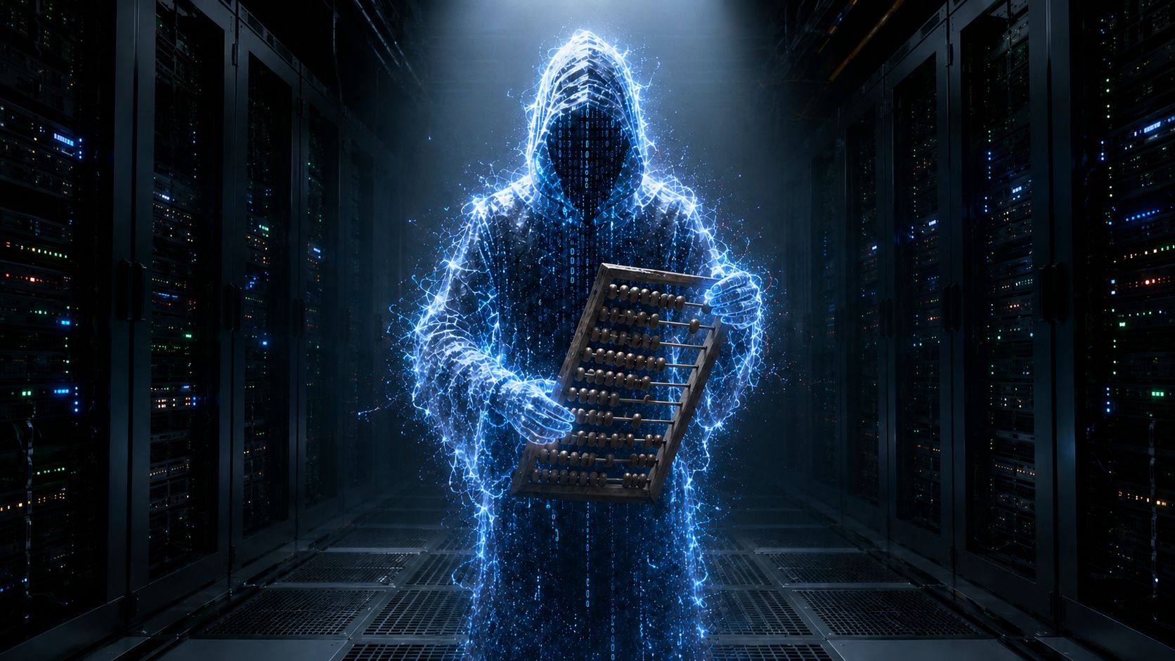 A glowing digital figure holding an abacus in a dark server room.