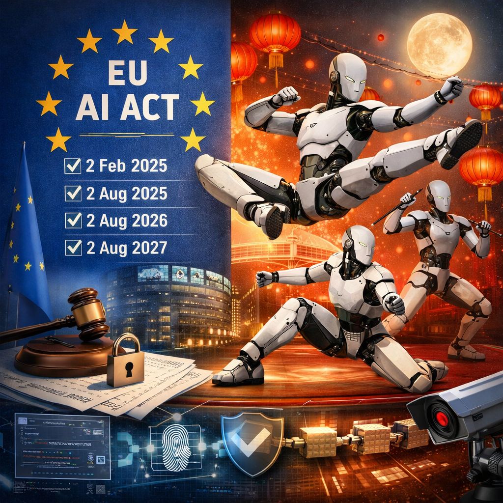 Graphic showing an EU AI Act panel with four milestone dates beside humanoid robots performing martial arts under lanterns.