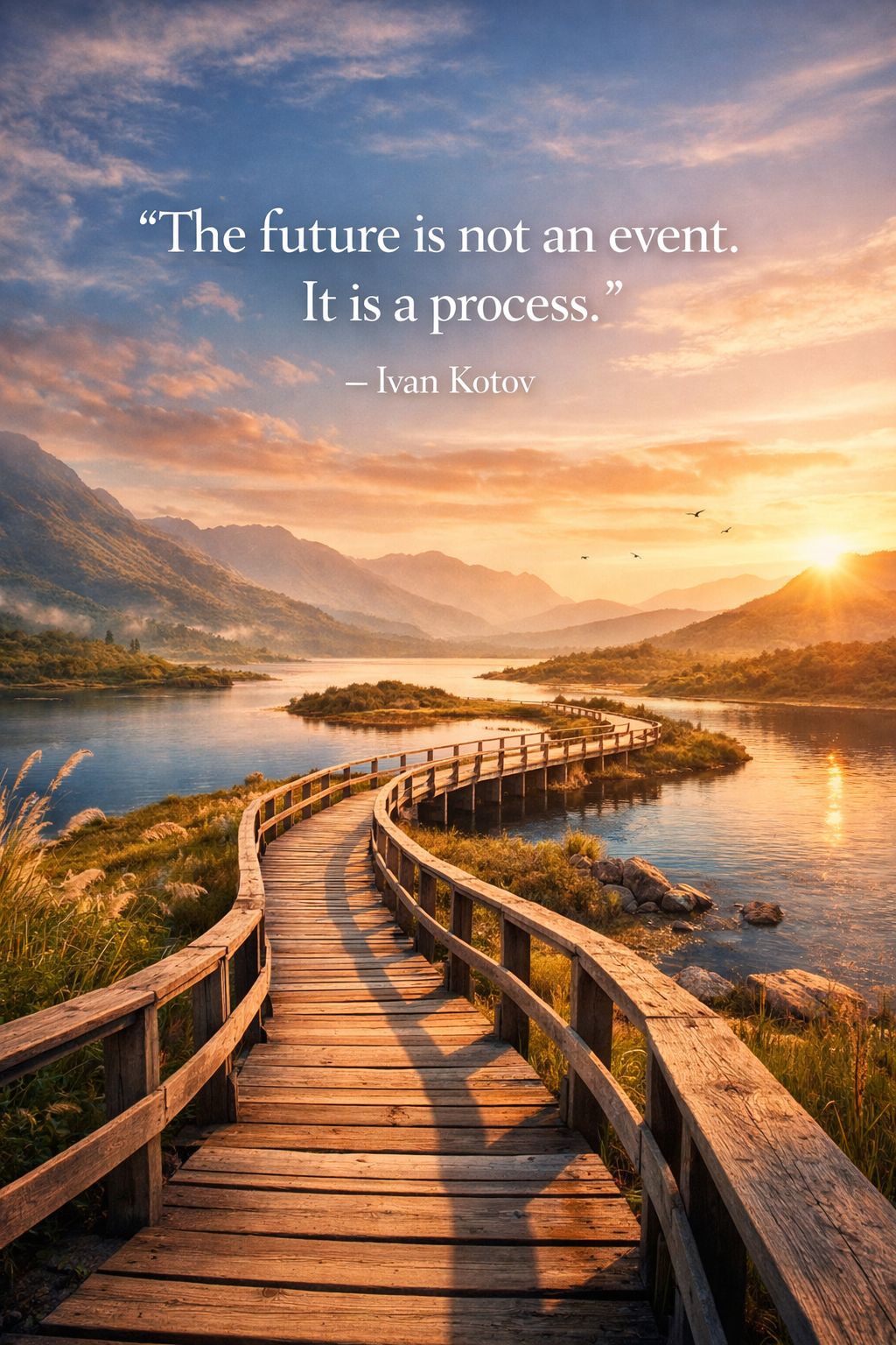 Landscape image of a winding wooden boardwalk by water at sunrise with overlaid text reading 'The future is not an event. It is a process.'