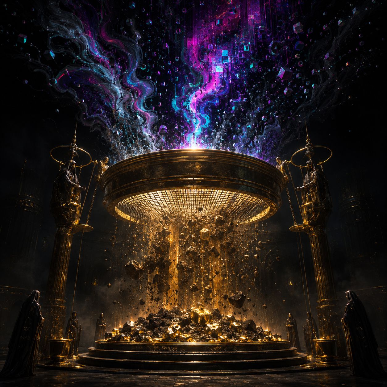 Dark chamber with scales, a glowing sieve, falling gold fragments, and streams of colored digital smoke.