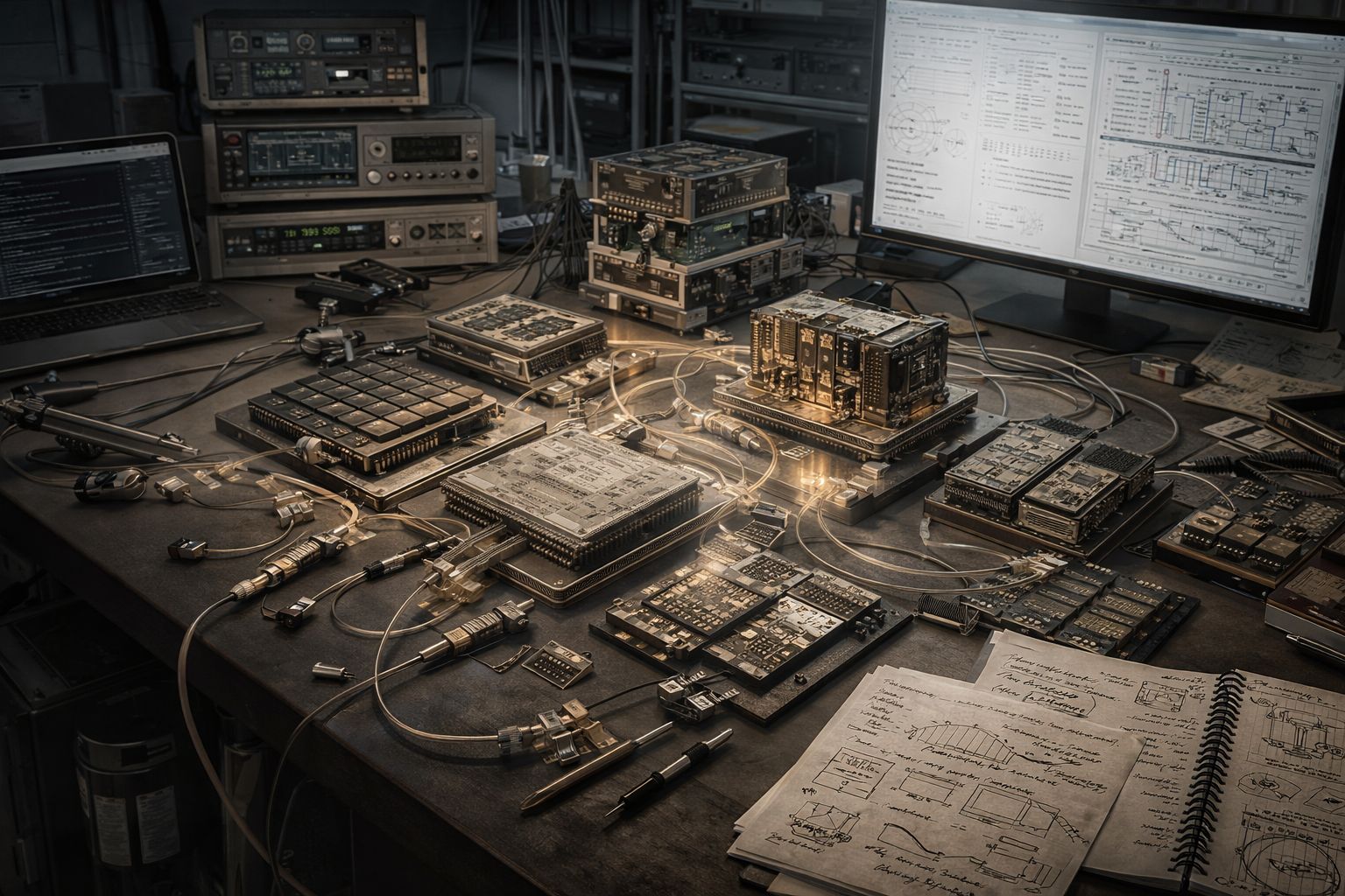 Electronics workbench covered with circuit boards, cables, monitors, and handwritten technical notes.