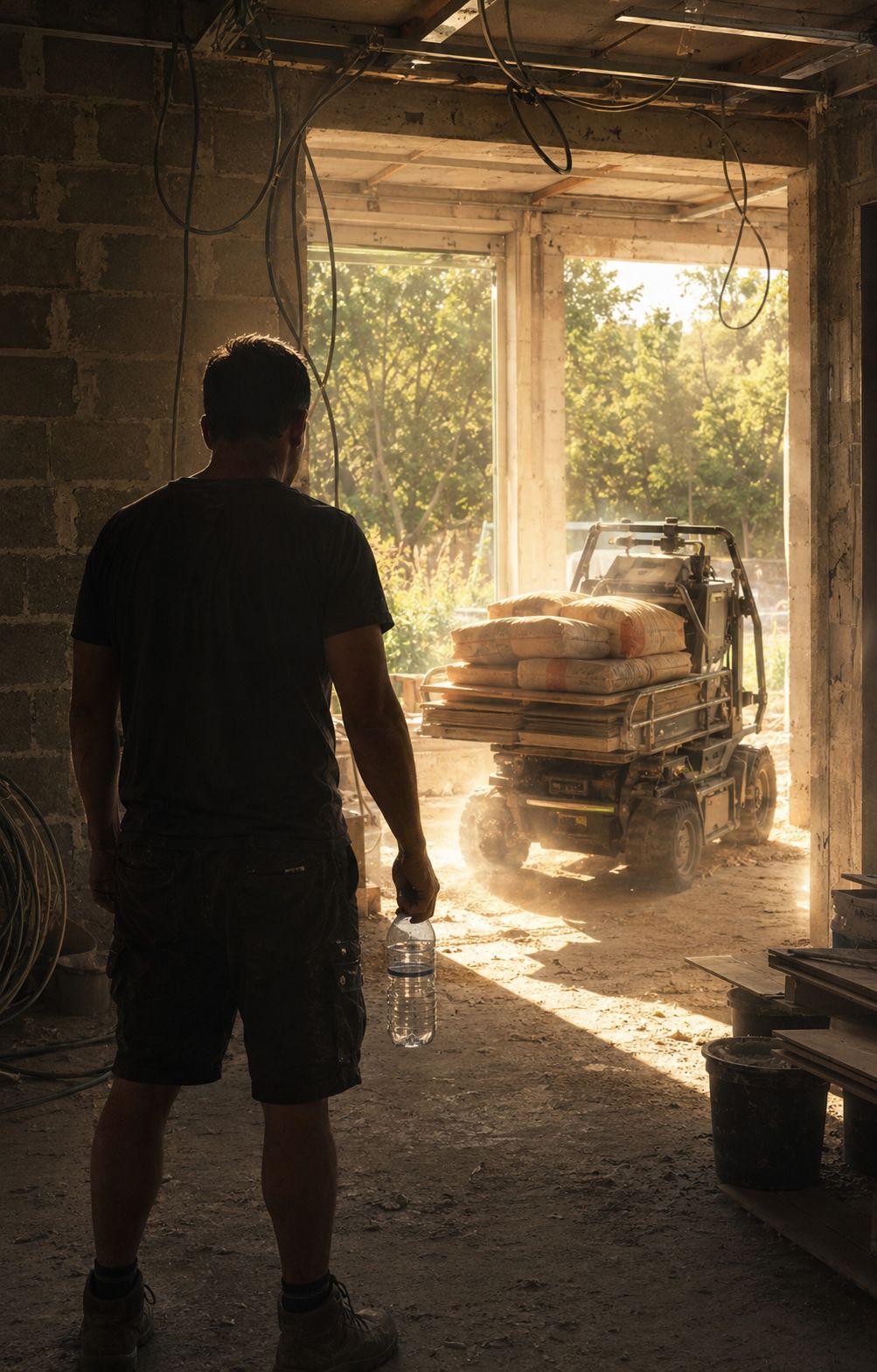 Worker holding a water bottle inside a dusty construction site near a loaded motorized cart in strong sunlight.