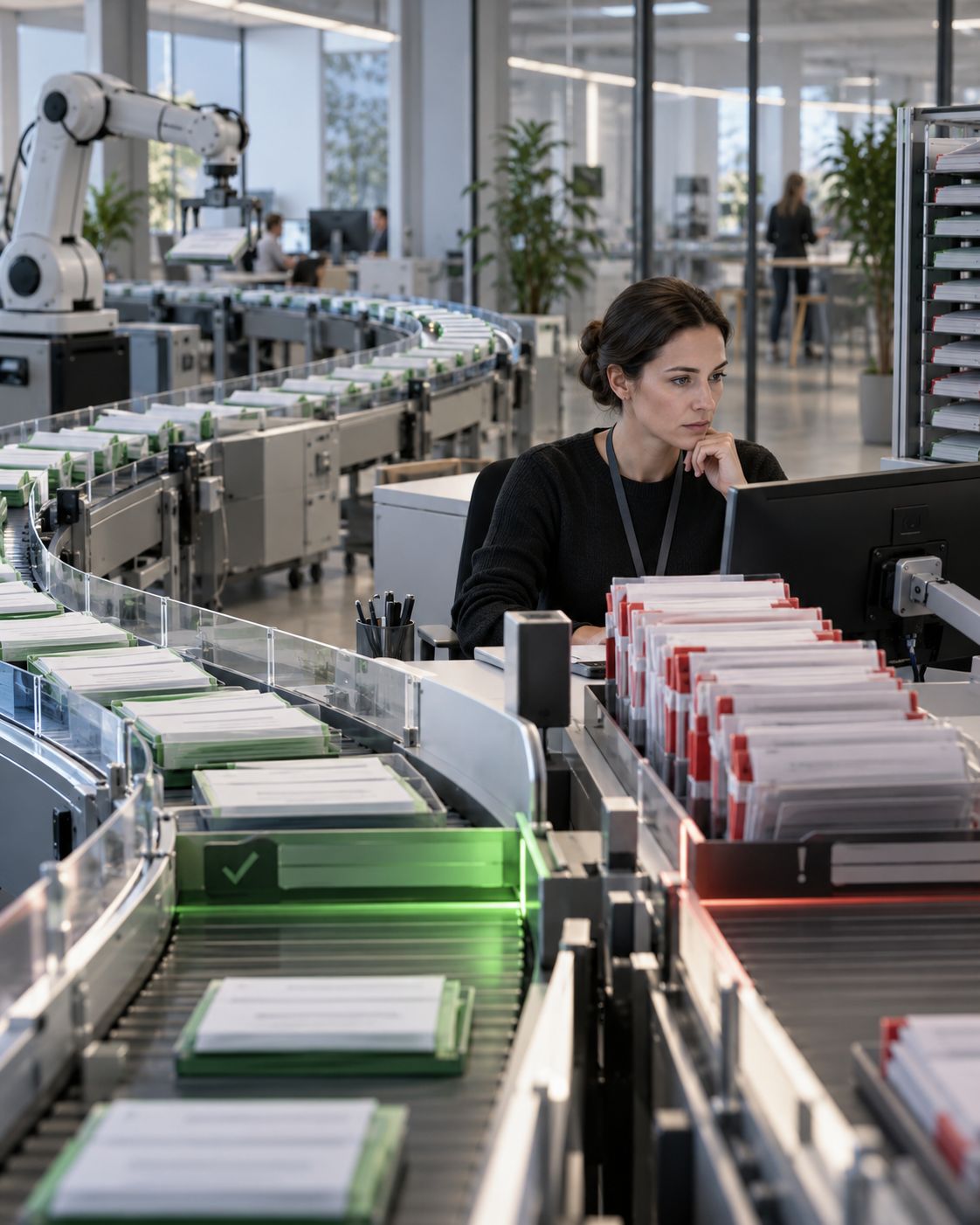 A human reviewer works beside an automated document line with accepted and escalated cases separated.