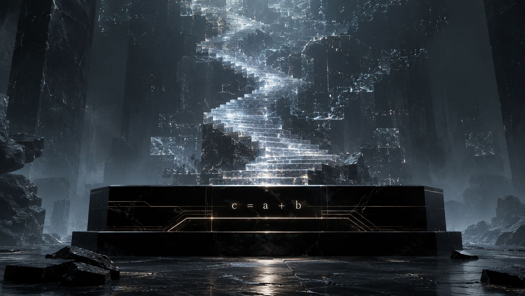 Luminous glass staircase rising above a black foundation marked c = a + b.