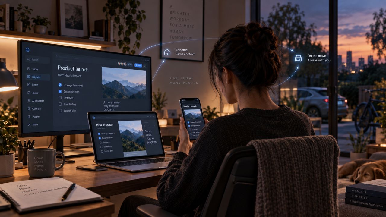 A person continues the same project across a large display, laptop, phone, home, and car.