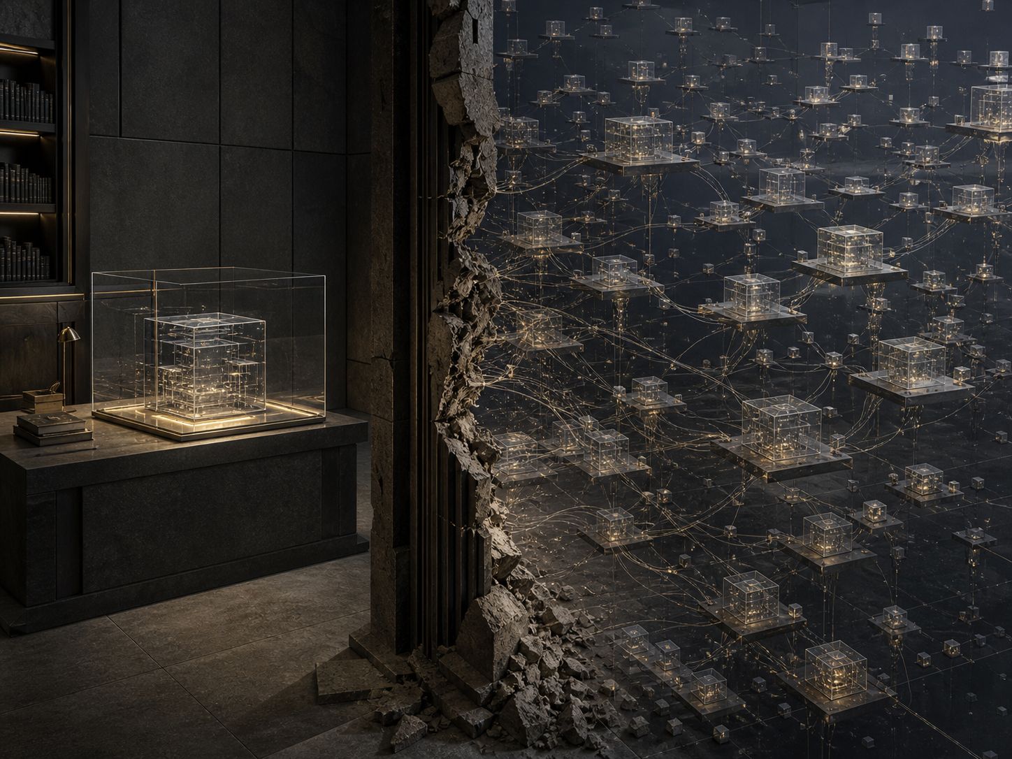 A room containing a transparent illuminated cube, opening into a vast network of connected glass cubes beyond a broken wall.