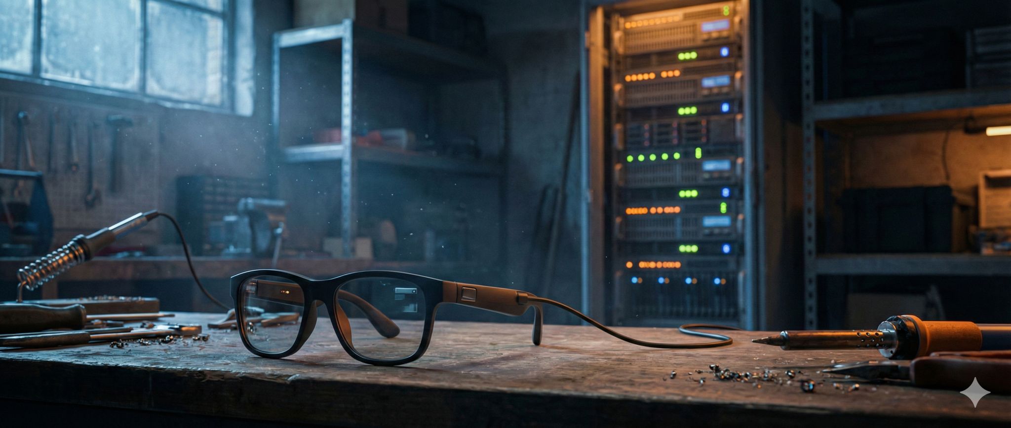 Image of smart glasses on a workbench with a server rack and tools in the background.