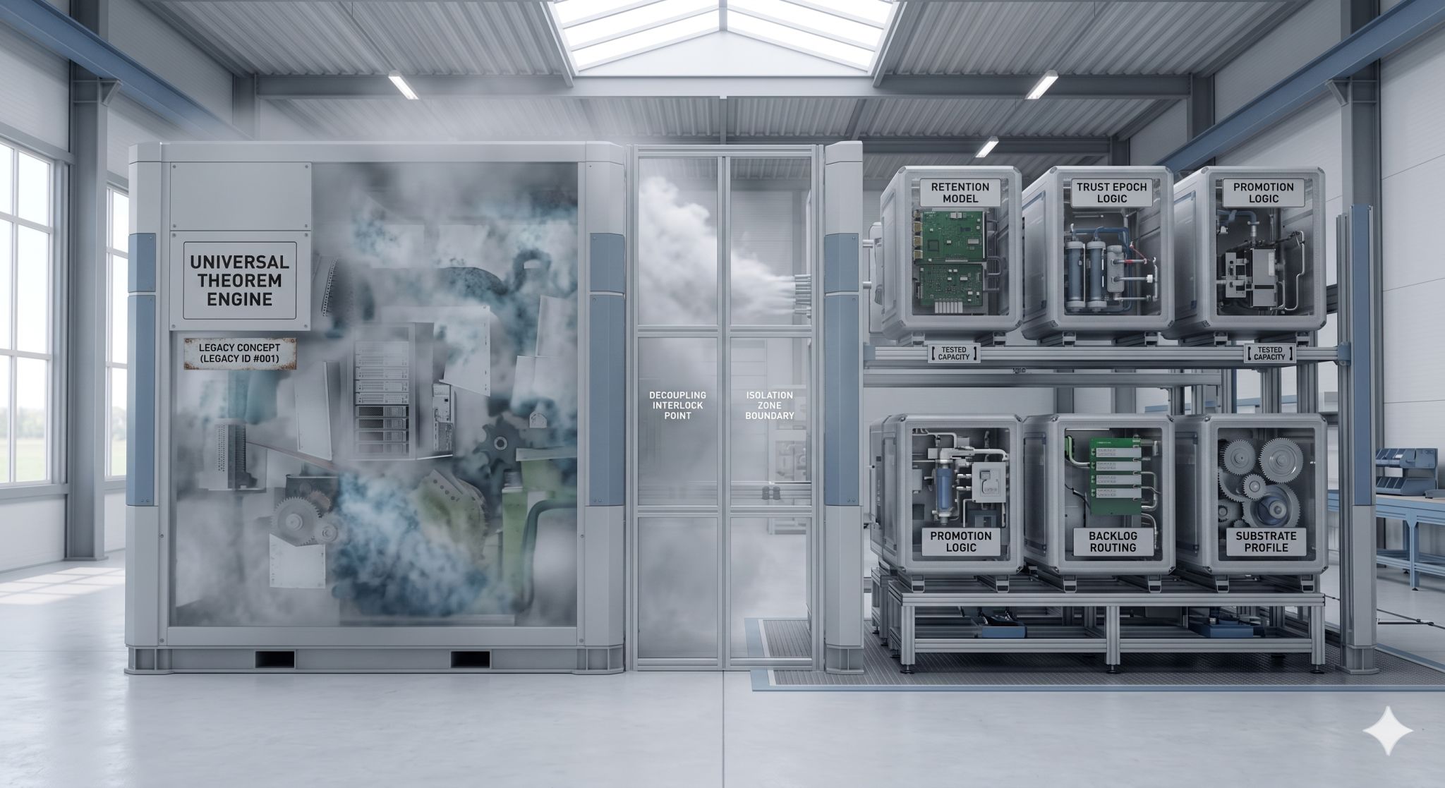 An industrial room with a large frosted cabinet labeled Universal Theorem Engine beside smaller labeled modules such as Retention Model, Trust Epoch Logic, Promotion Logic, Backlog Routing, and Substrate Profile.