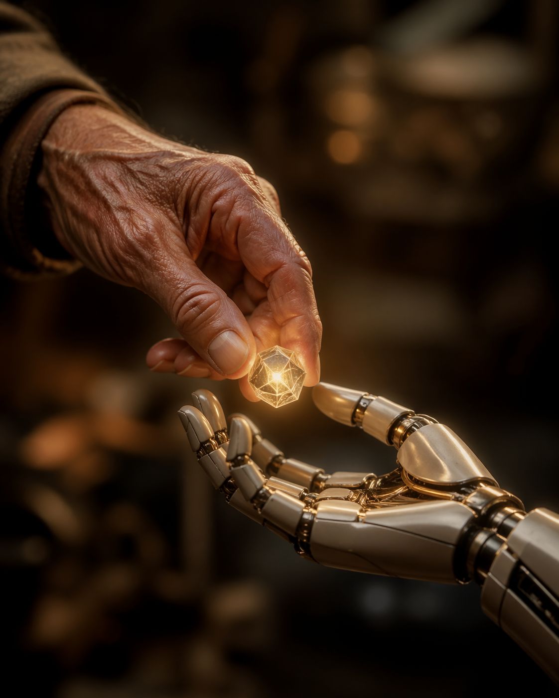 An older human hand holding a glowing crystal above an open robotic hand.