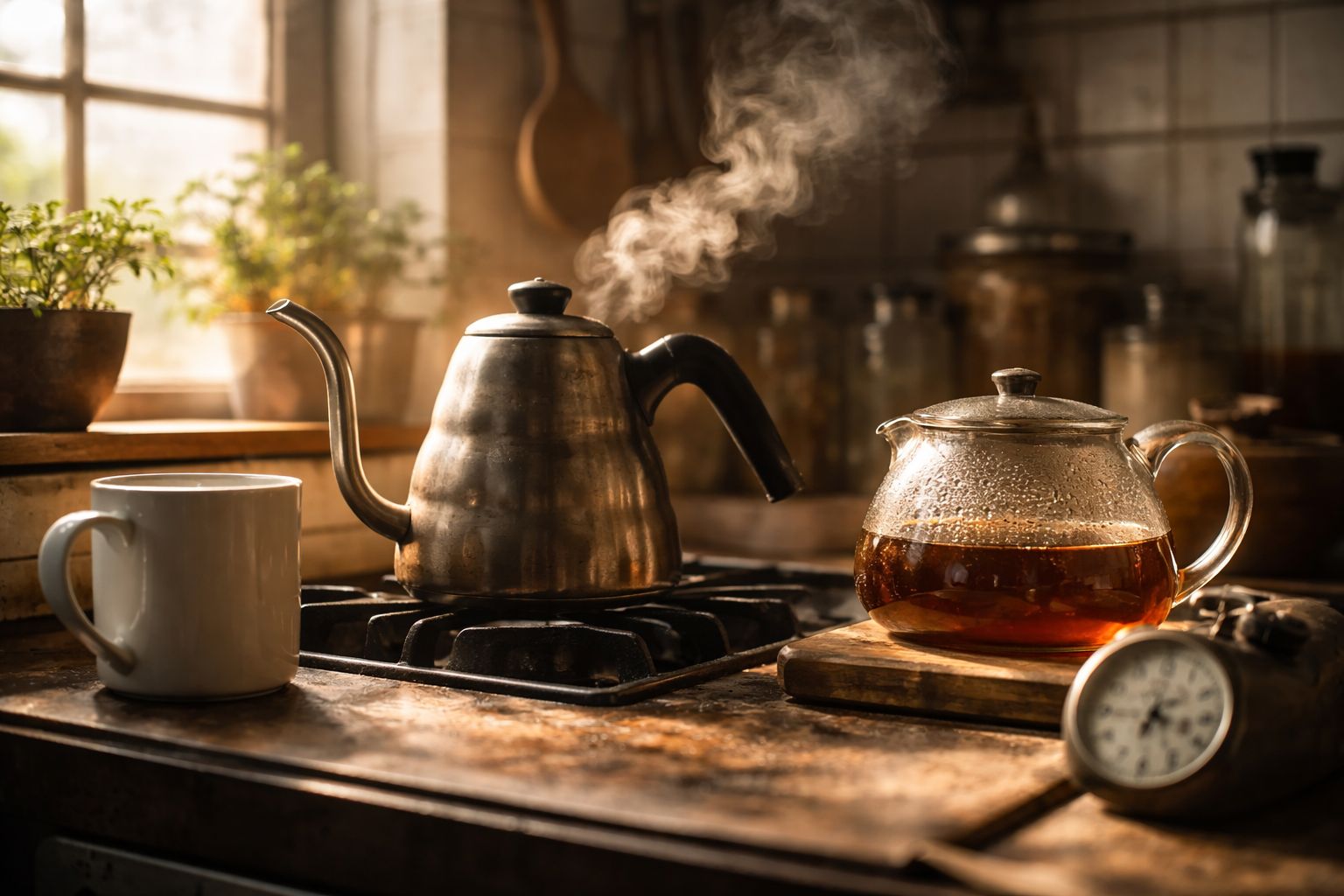 Image of a steaming kettle on a stove beside a glass teapot, mug, and timer in a warm kitchen.