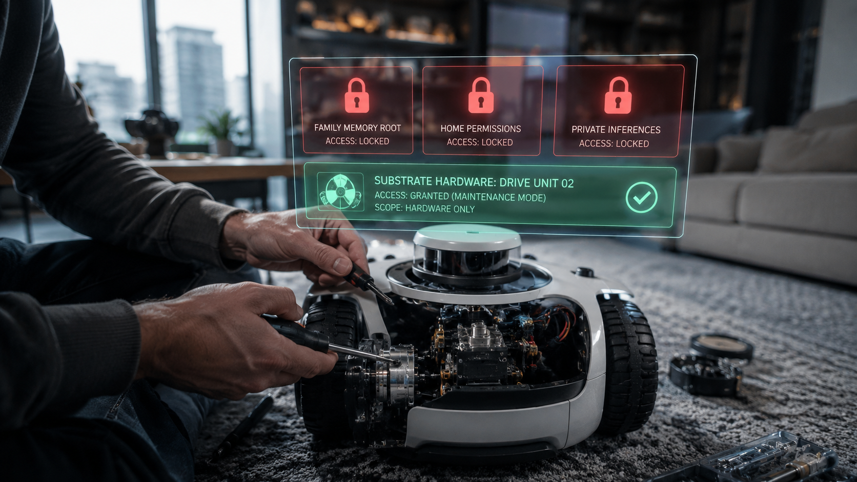 Technician repairing a wheeled home robot beneath a display showing locked memory and limited hardware access.